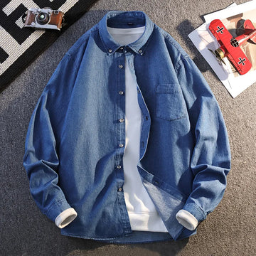 High-quality men's fashionable and stylish autumn new denim shirt, pure cotton long-sleeved shirt for teenagers
