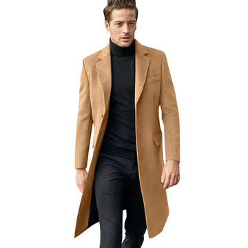 Men'S Trench Coat Long Solid Color Single-Breasted Coat Long-Sleeved Wool Coat Casual Slim-Fit Fashion Jacket Trench Solid Color