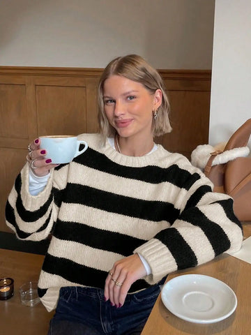 Autumn and winter women's round neck striped contrasting loose casual woolen pullover top