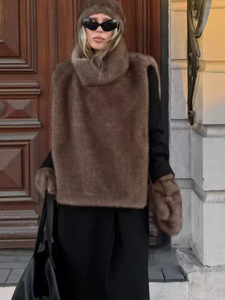 Women's Faux Fur Vest Crop Top Women Fashion Turtleneck Fluffy Short Tank Tops 2025 Winter Female Elegant Sleeveless Jacket Coat