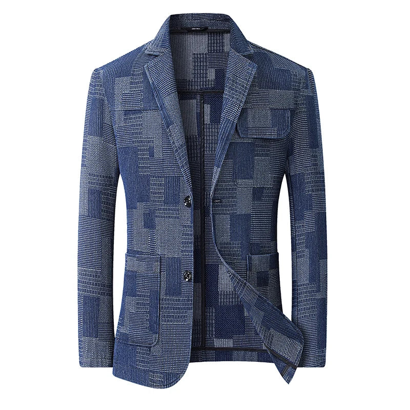 New checked denim men's fashionable, casual and stylish denim suits for autumn and winter, plus plus-size denim suits