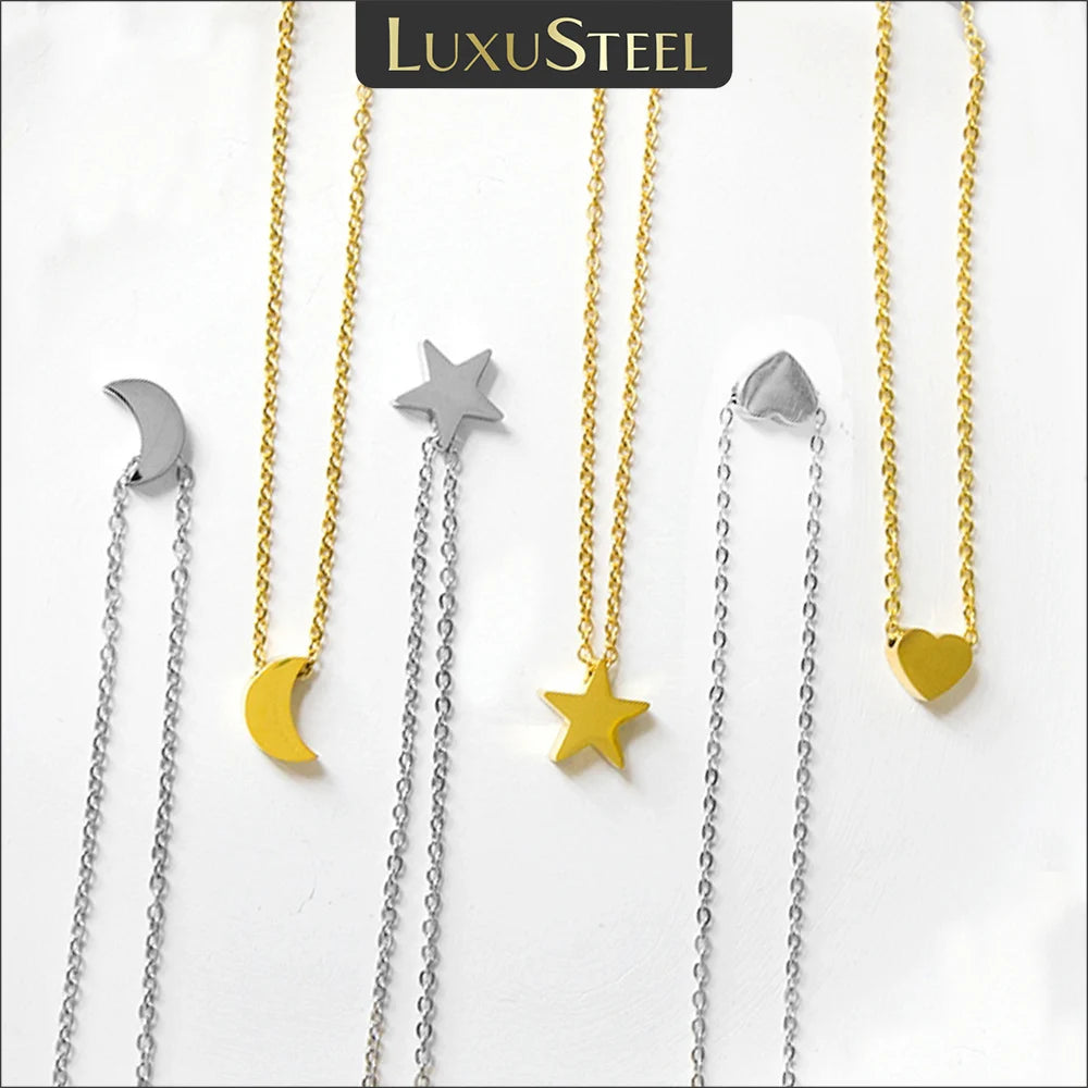 LUXUSTEEL Simple Small Tiny Moon Star Heart Pendant Necklace For Women Girls Kids Stainless Steel Hypoallergenic Delicate Choker