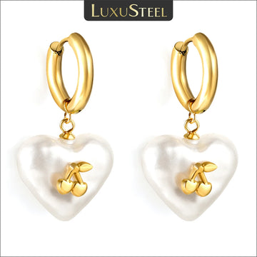 LUXUSTEEL Statement Stainless Steel Heart Shape  Pendant Hoop Earrings for Women White Pearl Cherry Korean Ear Jewelry