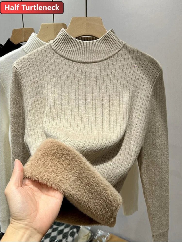 Sweater For Women Casual Thick Warm Knit Plush Velvet Lined Pullover Tops Fall Winter Soft Knitwear Jumper New Slim Poleras