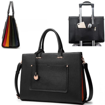 Ladies' fashionable business briefcase with multiple compartments that can be set for travel with a drawstring tote bag