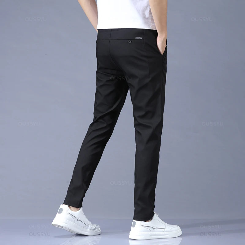 Spring Summer Thin Pants Mens Stretch Korean Casual Slim Fit Elastic Waist Business Classic Trousers Male Black Gray 28-38 Gift