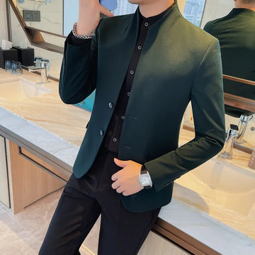 Men's High-Quality 2024 Business Suit Jacket Stylish Slim Fit Casual Trendy Top with Standing Collar Handsome