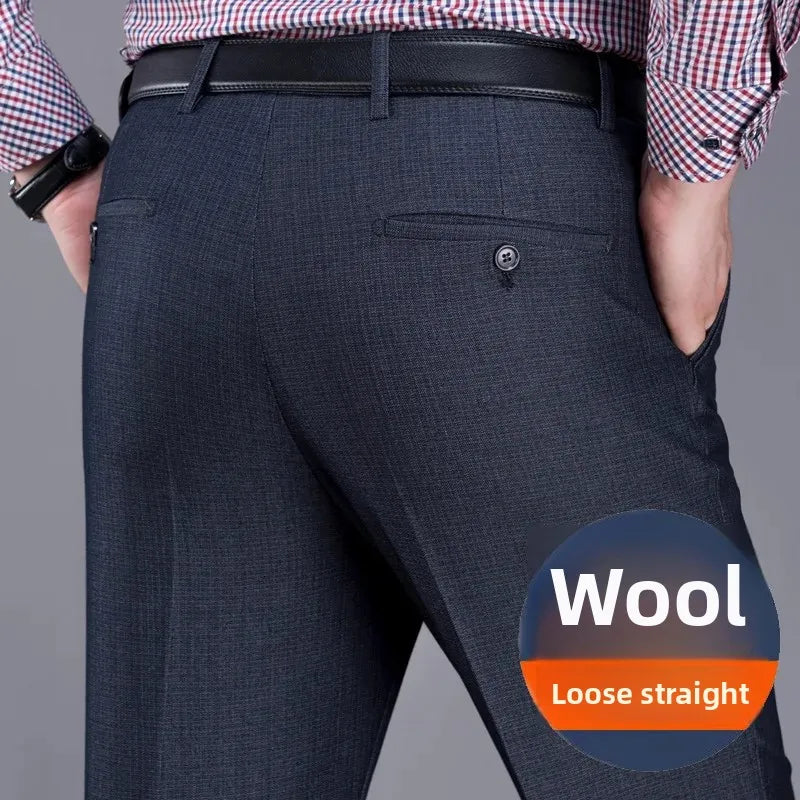 High-End Thick Casual Khaki Pants Autumn Winter Fashion Plaid Straight Leg Elastic Drape Loose Commute Iron-Free Trousers