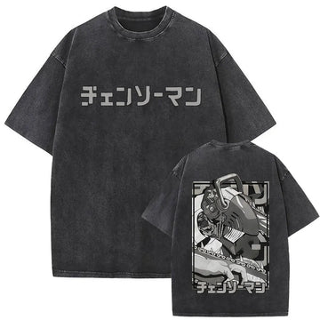 Anime Chainsaw Man Washed Vintage T-shirt Funny Denji Pochita Cartoon Graphic T Shirt Men Women Casual Oversized Cotton T-shirts