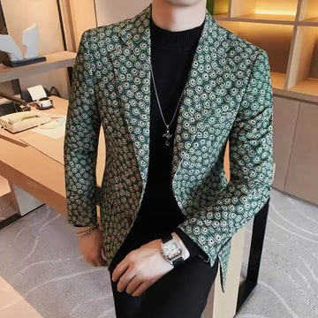 Green Floral Suit Jacket 2024 Slim Fit Business Casual Corduroy Handsome Fashion Winter High Quality