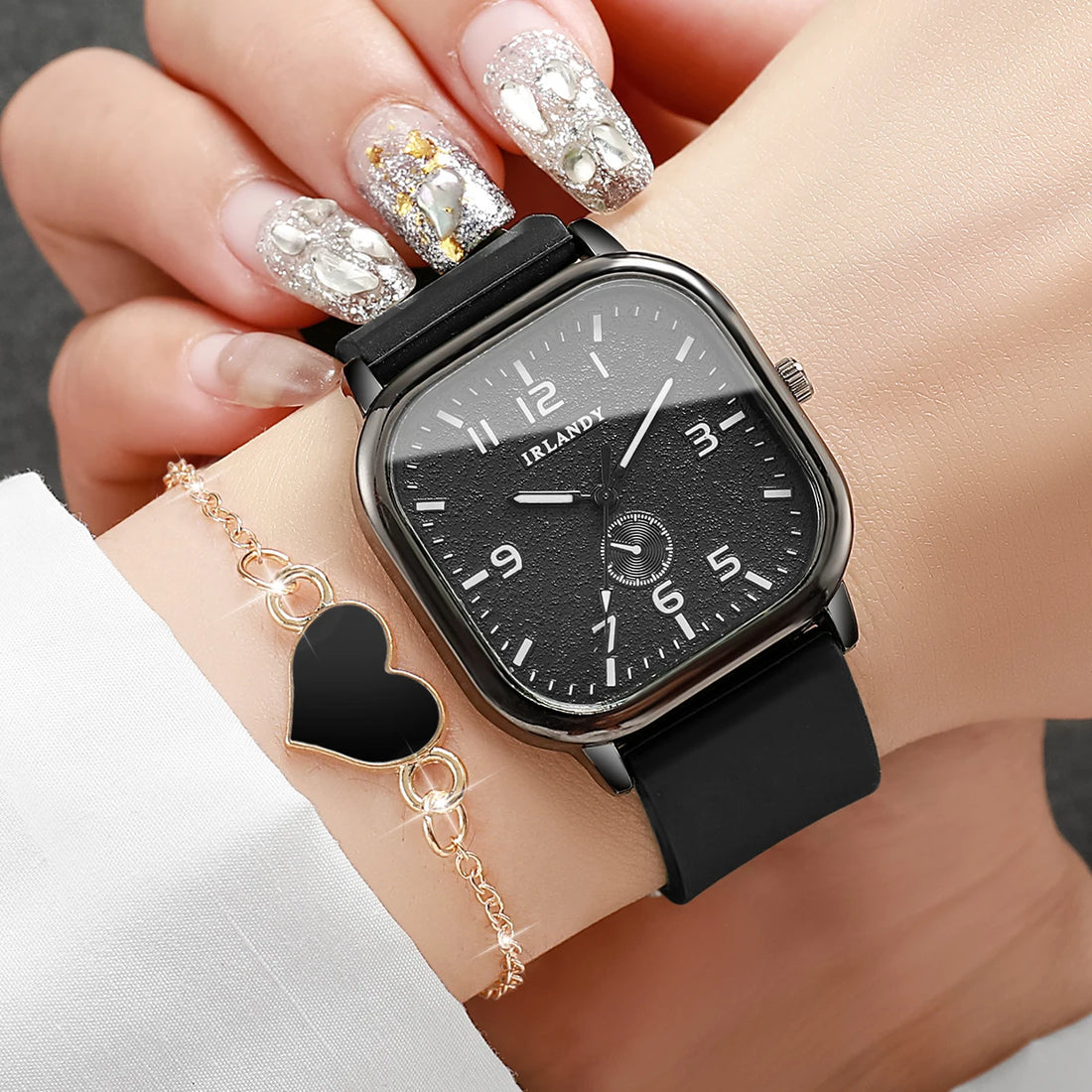 2/4PCS Women Fashion Square Arabic Dial Quartz Wristwatches Set Ladies Silicone Strap Watch With Heart Bracelet(Without Box)