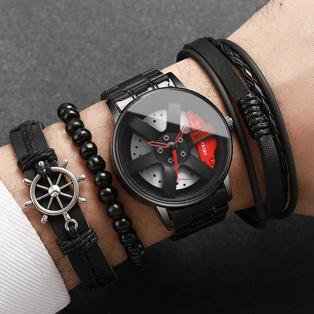 4PCS/Set Luxury Men Watches Fashion 3d Car Wheel Men Sports Watch Stainless Steel Quartz Watch for Men Bracelets（Without Box）