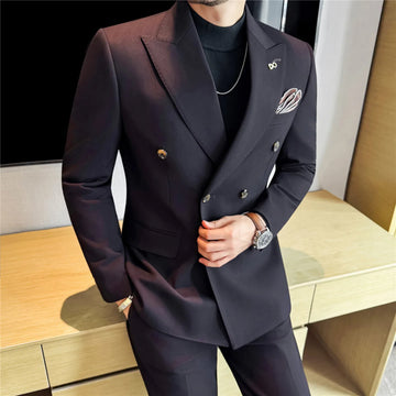 High-quality wedding casual haute couture dark striped fabric double-breasted suit two-piece suit and trousers set