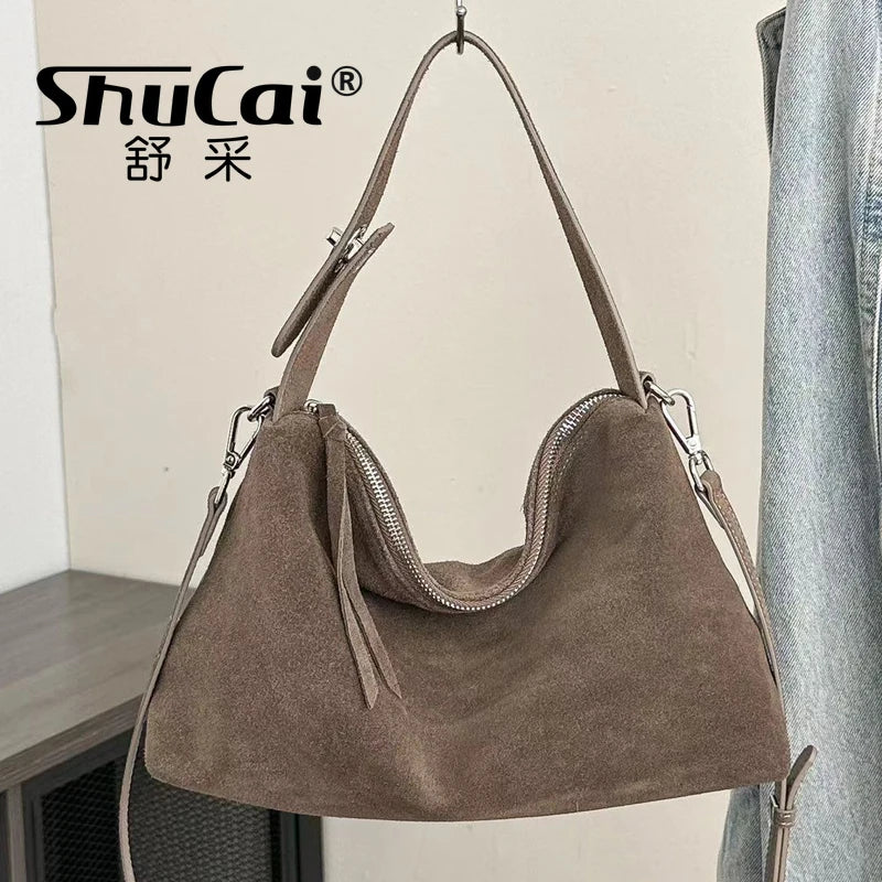 Genuine Grade Autumn Winter Big Boston Luxury Designer Tote Soft Matte Suede Leather Women Handbag Female Shoulder Crossbody Bag
