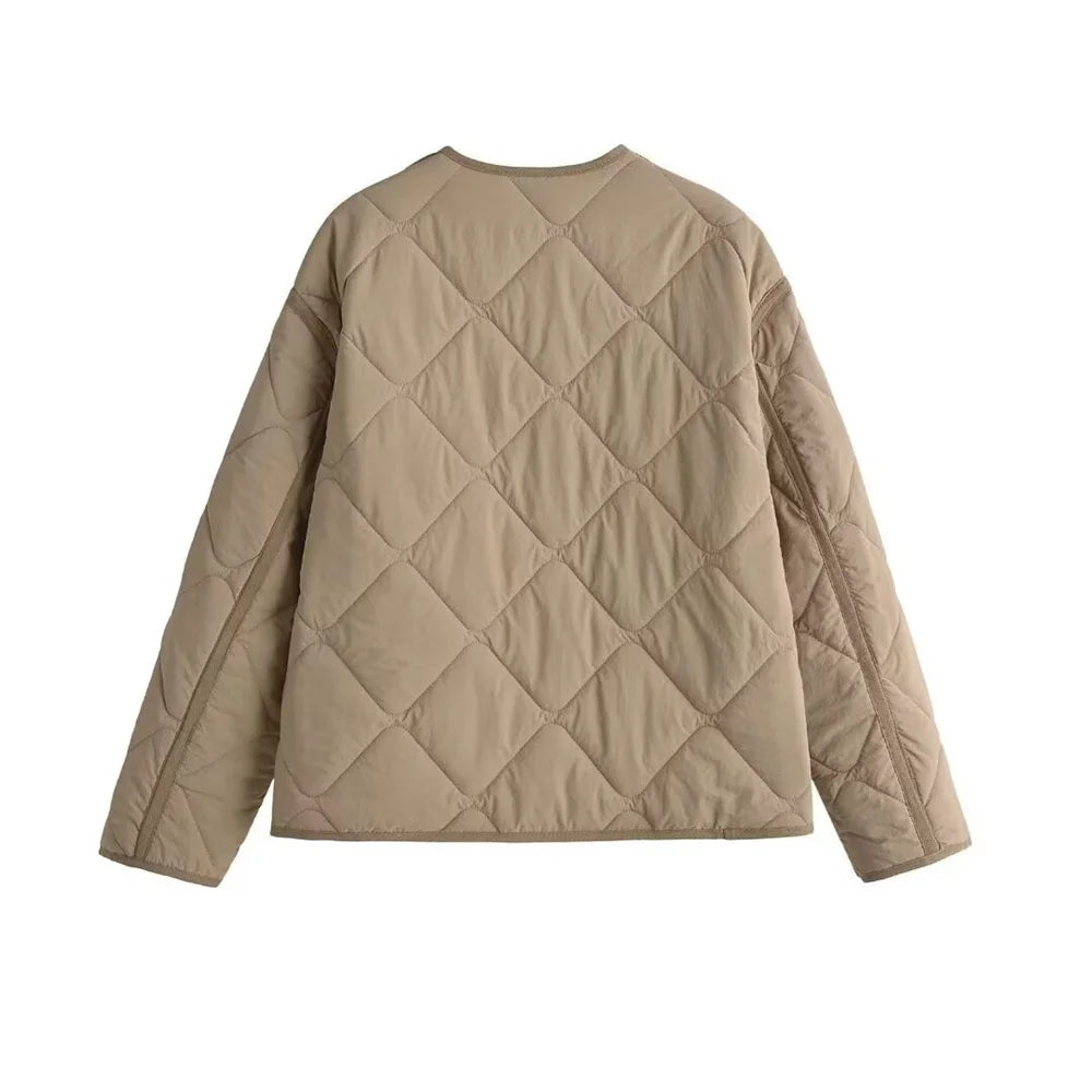 Autumn/Winter New Product Fashion Casual Women's Round Neck Long Sleeve Single breasted Cotton Jacket