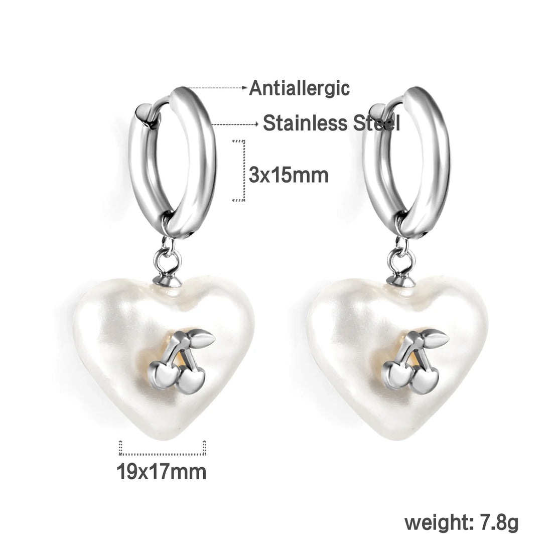 LUXUSTEEL Statement Stainless Steel Heart Shape  Pendant Hoop Earrings for Women White Pearl Cherry Korean Ear Jewelry