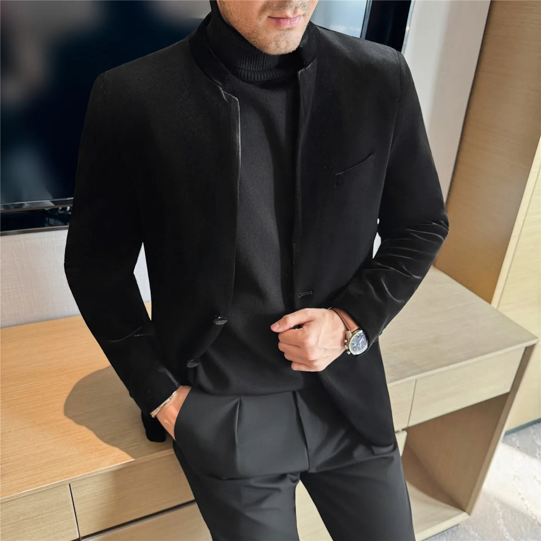 High-quality new Chinese-style high-end stand-up collar velvet casual suit jacket, thick black suit for autumn and winter