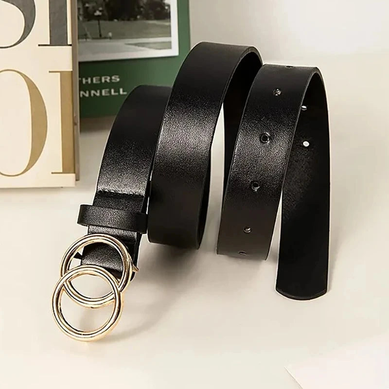 Women's Belt Trend Double Round Buckle Belt Simple And Versatile Youth Belt Pu Leather Belt Paired With Jeans Skirt Women Belts