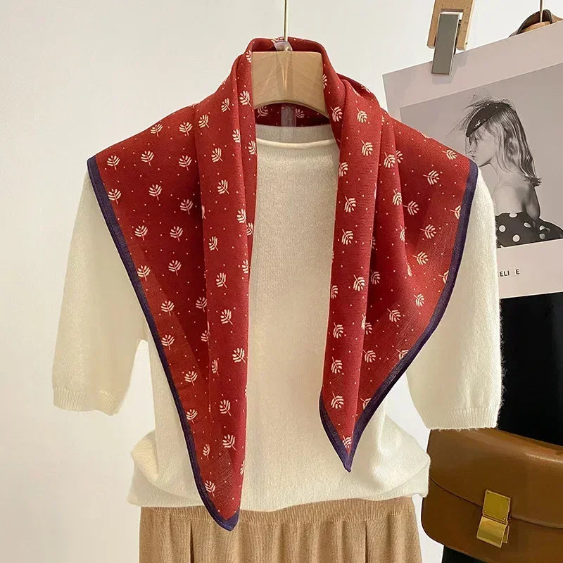 Retro Cotton Floral Print 70cm Velvet Square Scarf for Women Soft Neckerchief Lady Hijab Small Neck Ties Female Hair Headbands