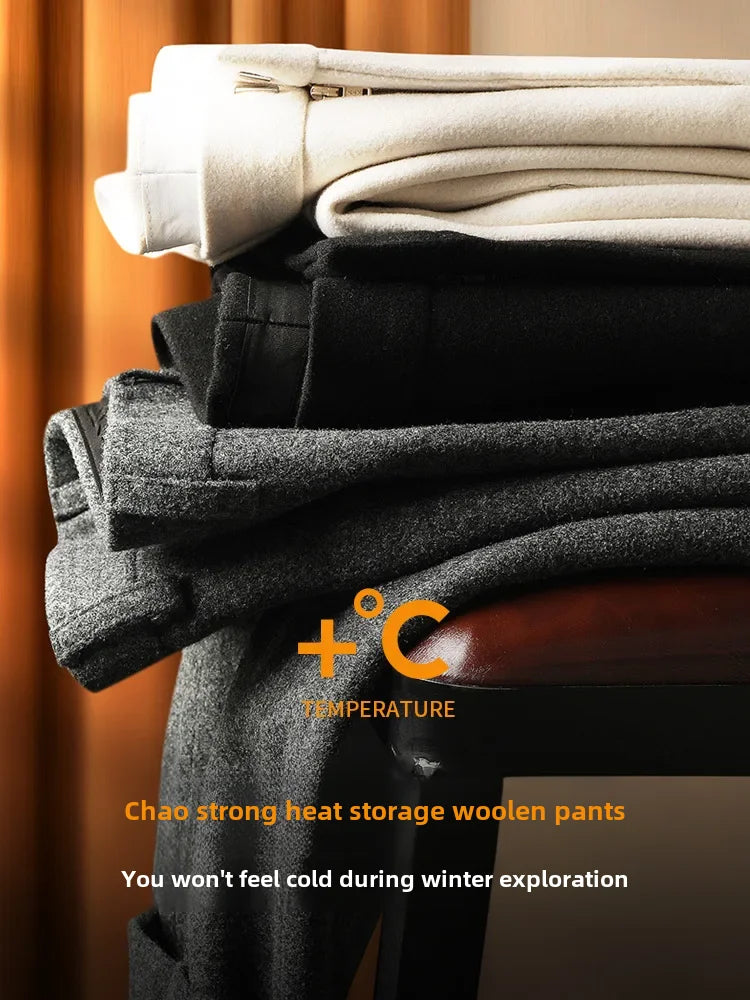 Autumn/winter Thickened Warm Woolen Trousers Men's Casual Business Slim Fit Sheepskin Like Pants For Smoothing Your Silhouette