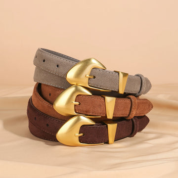 Luxury Suede Cowhide Leather Belt for Women, Vintage Style with Gold Buckle, 2.3cm Wide Waistband for Dresses & Jeans