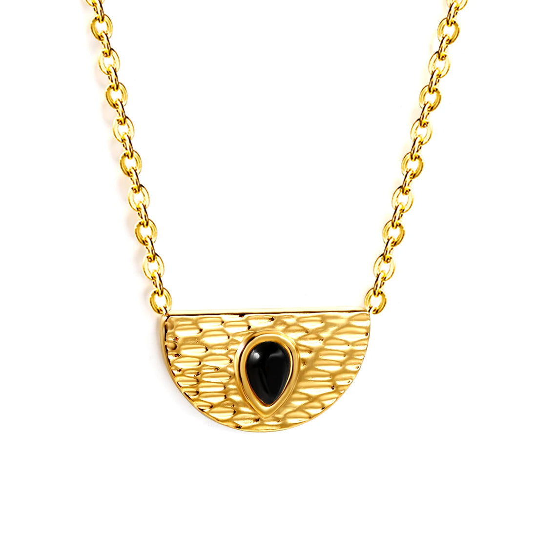 LUXUSTEEL New Classic Women's Stainless Steel Waterproof Half Round Droplet White Cat Eye Stone Pendant Necklace Jewellery