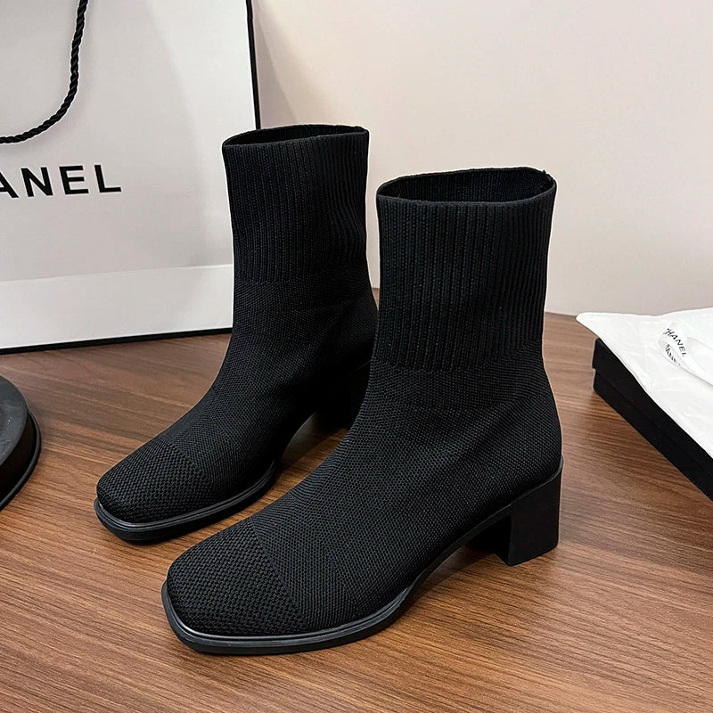 New autumn and winter retro stretch sock boots for women, fashionable and versatile high heel chunky heel sock boots 2025