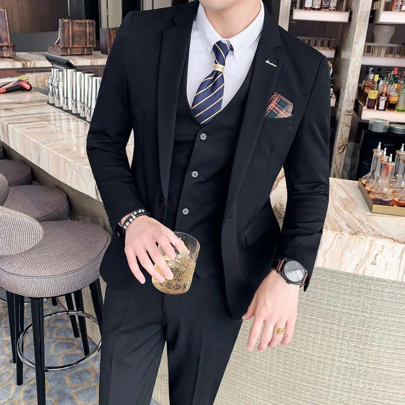Men's Autumn Winter Three-Piece Suit Vest Trousers Set Slim Fit Solid Color Korean British Style Wedding Business Leisure