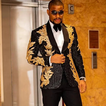 Men's Gold Sequin Applique Fashion Trend Suit Set High-Quality Casual Jacket And Western Pants Two-Piece Ensemble
