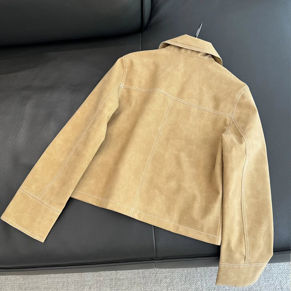 Autumn new women's clothing breasted business white-collar collar suede texture leather jacket jacket jacket