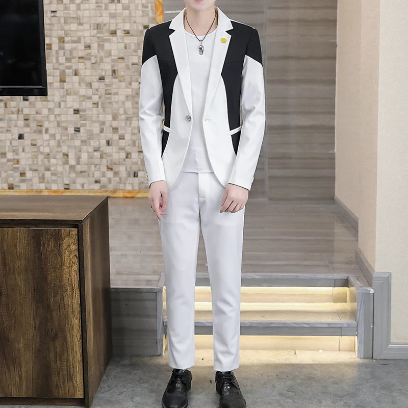 Autumn  Men's Fashion Slim Fit Suit And Trousers Set Korean Style Handsome Matching Color Trendy Hairstylist Two-Piece Outfit