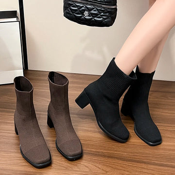New autumn and winter retro stretch sock boots for women, fashionable and versatile high heel chunky heel sock boots 2025