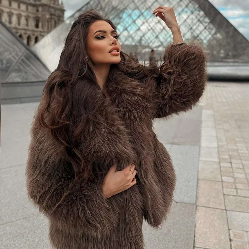 Women Elegant Faux Fur Coat Warm Fluffy Loose Long Sleeve Lapel Jacket Autumn Winter Fashion High Street Lady New Outerwear