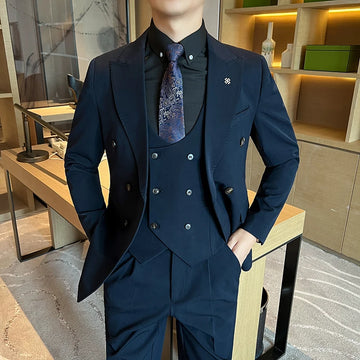 2024 Men's Three-Piece Wedding Suit Set - Double-Breasted Slim-Fit Business Formal Vest Trousers High-Quality Fashion