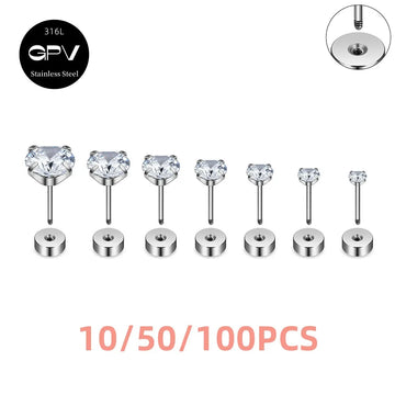 10/50/100PCS 316L Medical Stainless Steel Earnail 2-8mm Kit Four Claw Round Cubic Zirconia Women's Ear Cartilage Nail