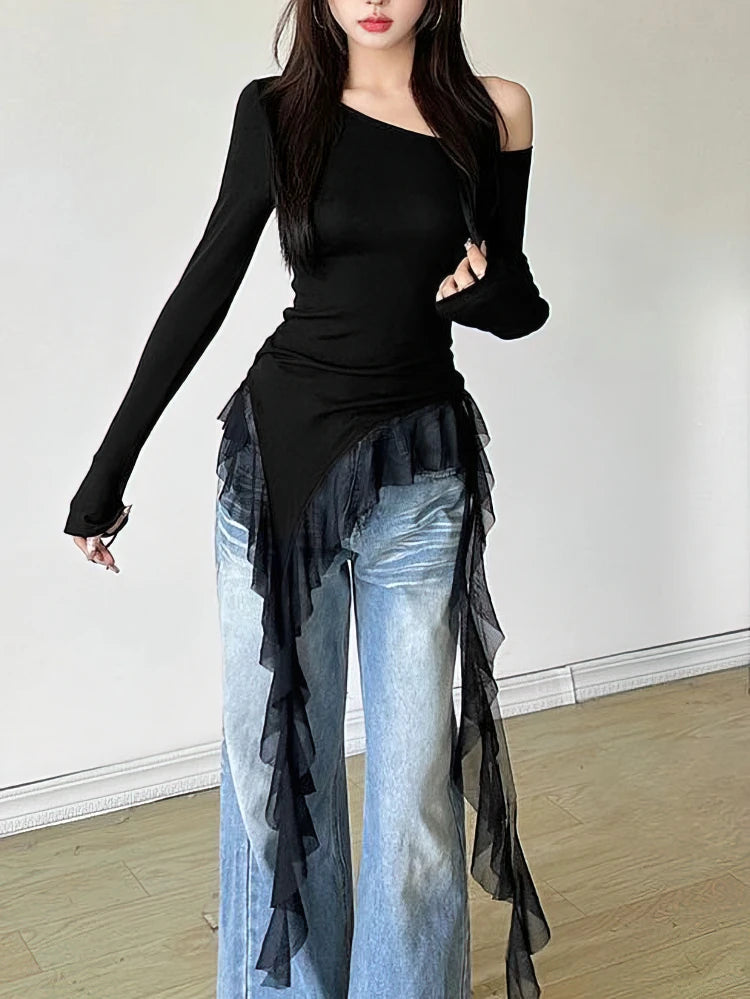 Ruffles Tassel Off shoulder Long sleeve T shirt Women Sweet Gentle Streetwear Party Basic Top Tees Shirt Sexy 2025 New