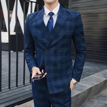 Men's Double-Breasted Plaid Suit Set 2025 Spring Thin Wedding Attire with Vest And Trousers Handsome Three-Piece Ensemble