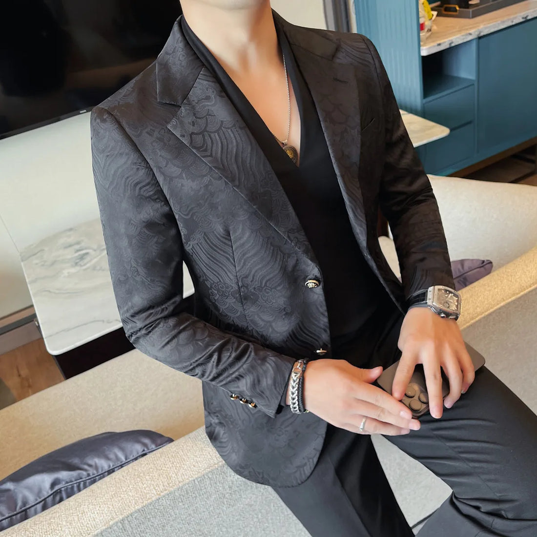 High-quality men's printed suit jacket for spring and autumn, Korean style, slim and high-end, stylish and cool jacquard
