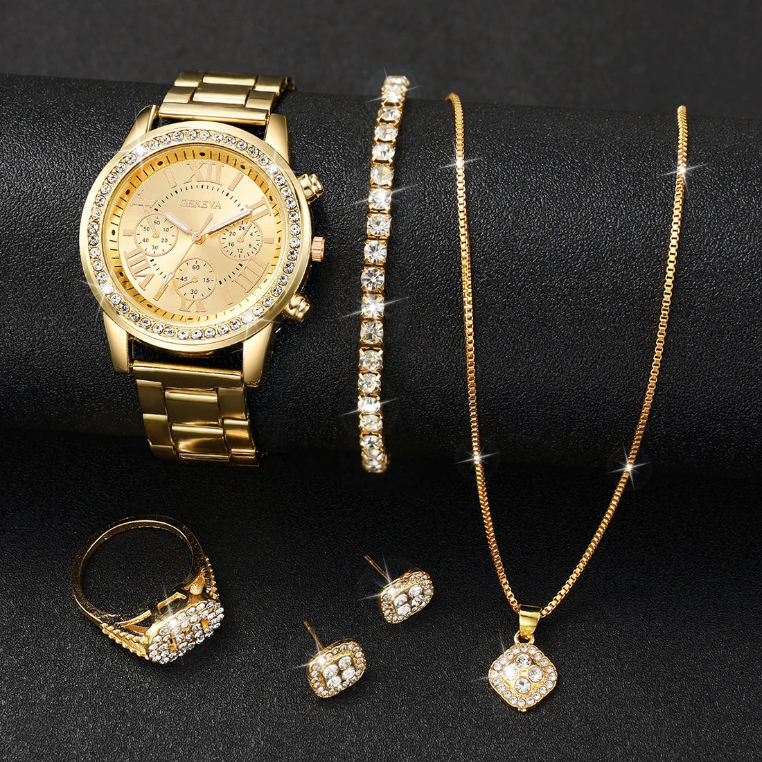 6PCS/Set Fashion Women Watch Roma Dial Ladies Steel Band Quartz Watches Jewelry Set（Without Box）