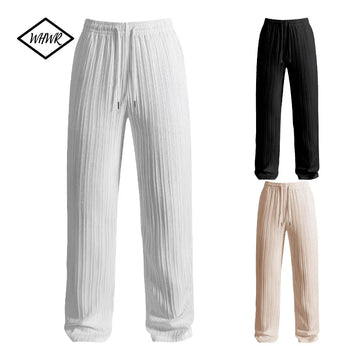 Modern Men's Pleated Pants Lightweight white Trousers with Elastic Drawstring Waist Breathable Casual Sporty Pants for Summer