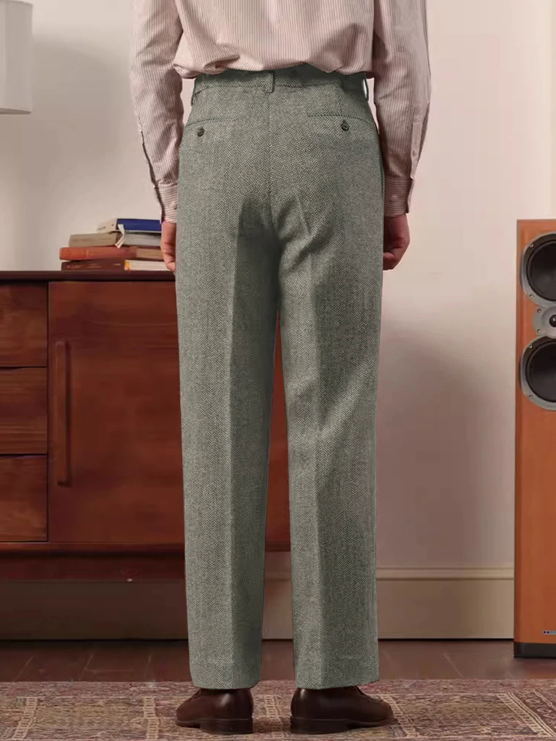 Fall Winter New Elegant Italian Neapolitan Tweed Fabric Men's High Waist Straight Leg Suit Pants with Button Pleats And Check Pa