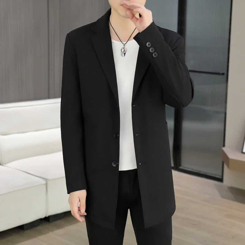 New autumn men's stylish and cool solid-color casual and versatile mid-length suit windbreaker Korean-style coat