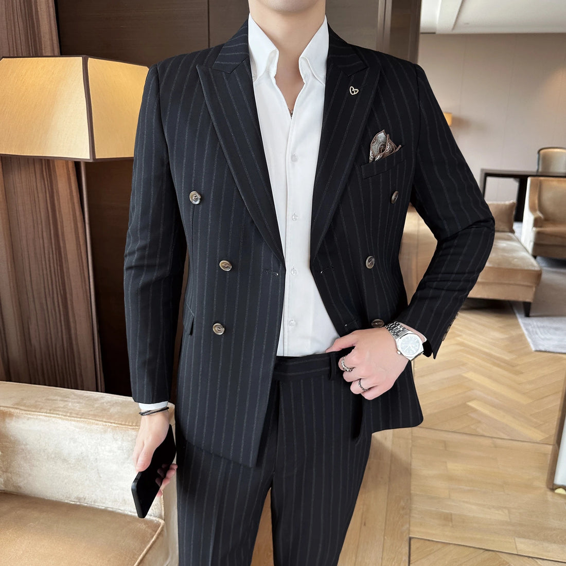 High-quality autumn stylish and cool business casual striped suit set, Korean-style British gentleman suit two-piece set