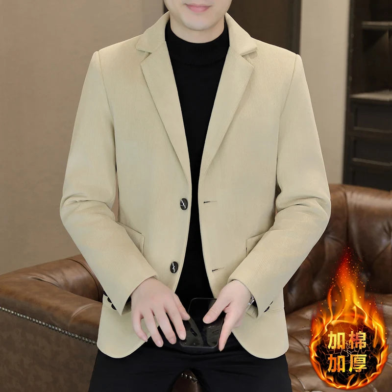 High-quality men's fashionable and stylish casual business suit with cotton and thickened fabric, double-buttoned corduroy