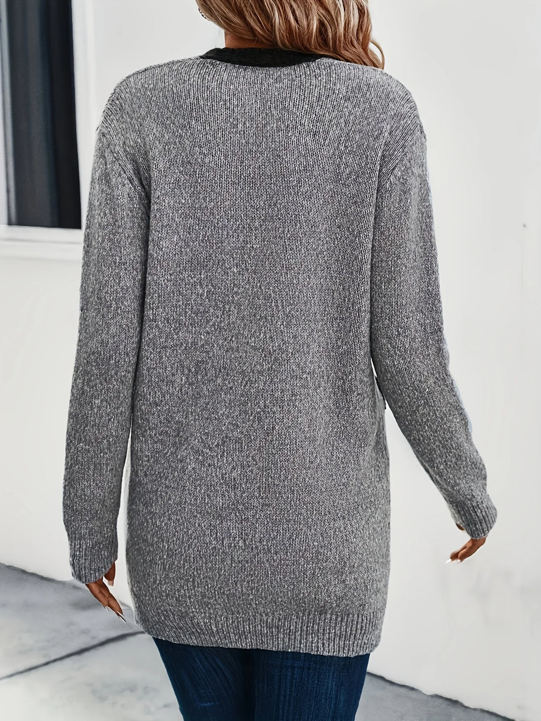 Women's casual fake pocket contrasting color placket long sleeved woolen cardigan jacket