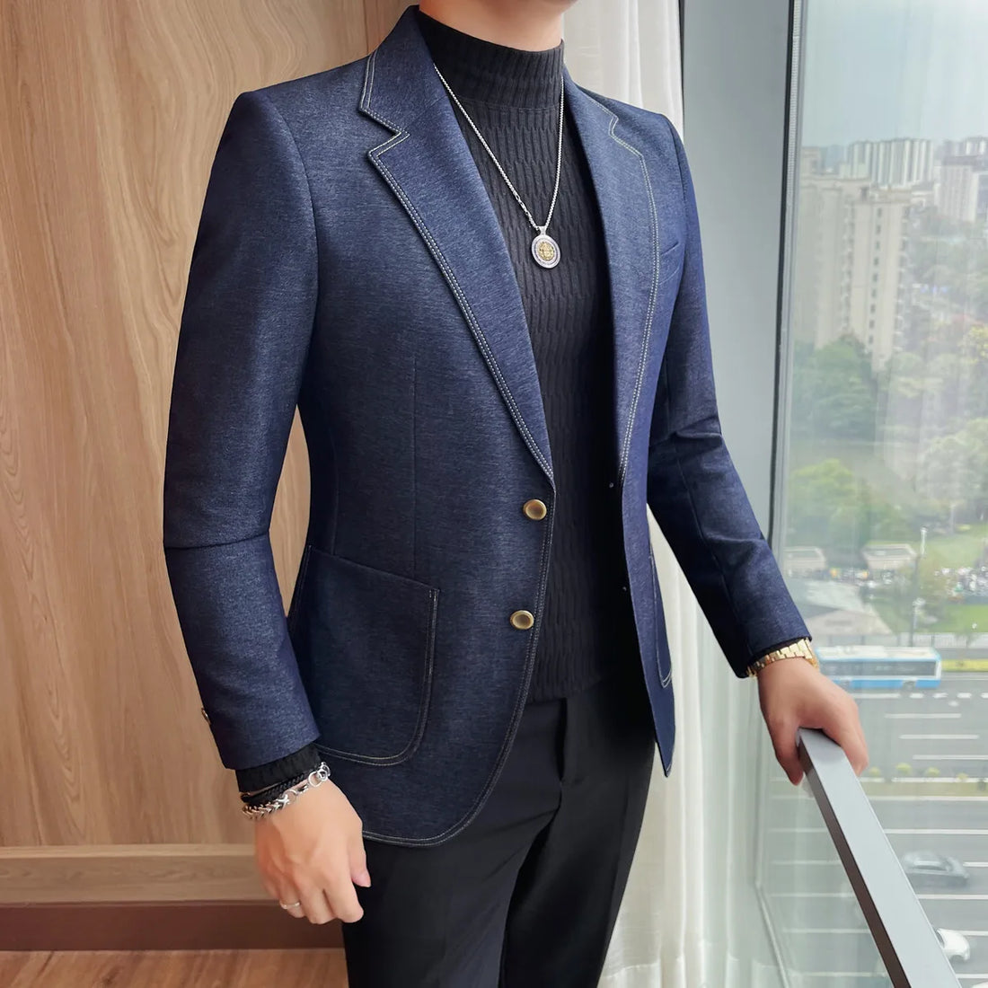 High-quality, fashionable embroidered denim suit men's long-sleeved suit jacket, new business casual suit jacket