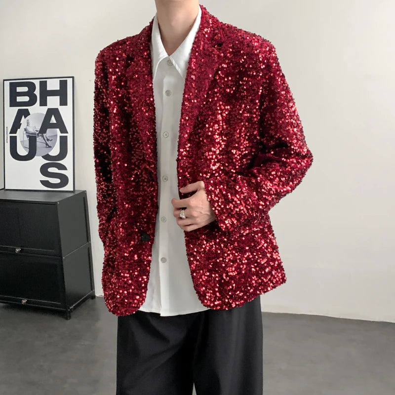 Sparkling sequined red glossy stage costume for the evening party and annual meeting, male performance suit, singer's coat