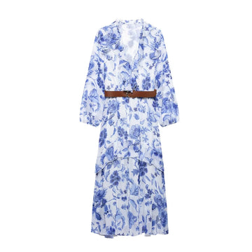 Women's Belt Printed Midi Dress V-neck Long Sleeve Ruffle Edge Spring/Summer New Women's Wear