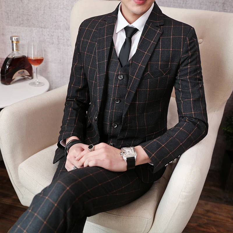 Slim Fit Three-Piece Suit Set Casual Fashion Business British Style Youthful Handsome Korean Version Vest Trousers Included