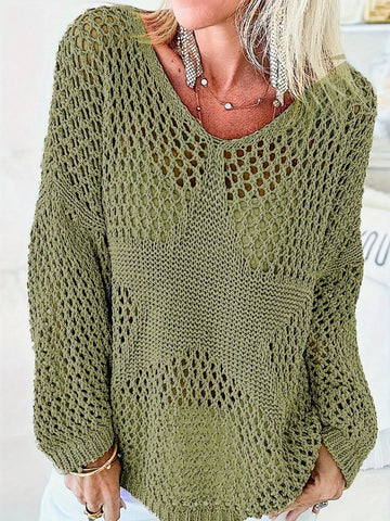 Women's casual round neck solid color hollow star jacquard semi transparent loose and versatile woolen pullover top